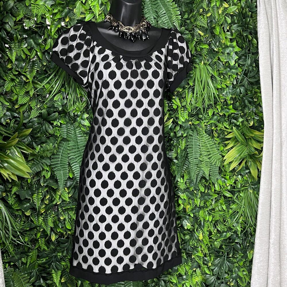 ENFOCUS STUDIO Dress Women 8 Black White Polka Dot Short Sleeve Sheath 2090 - Picture 3 of 7